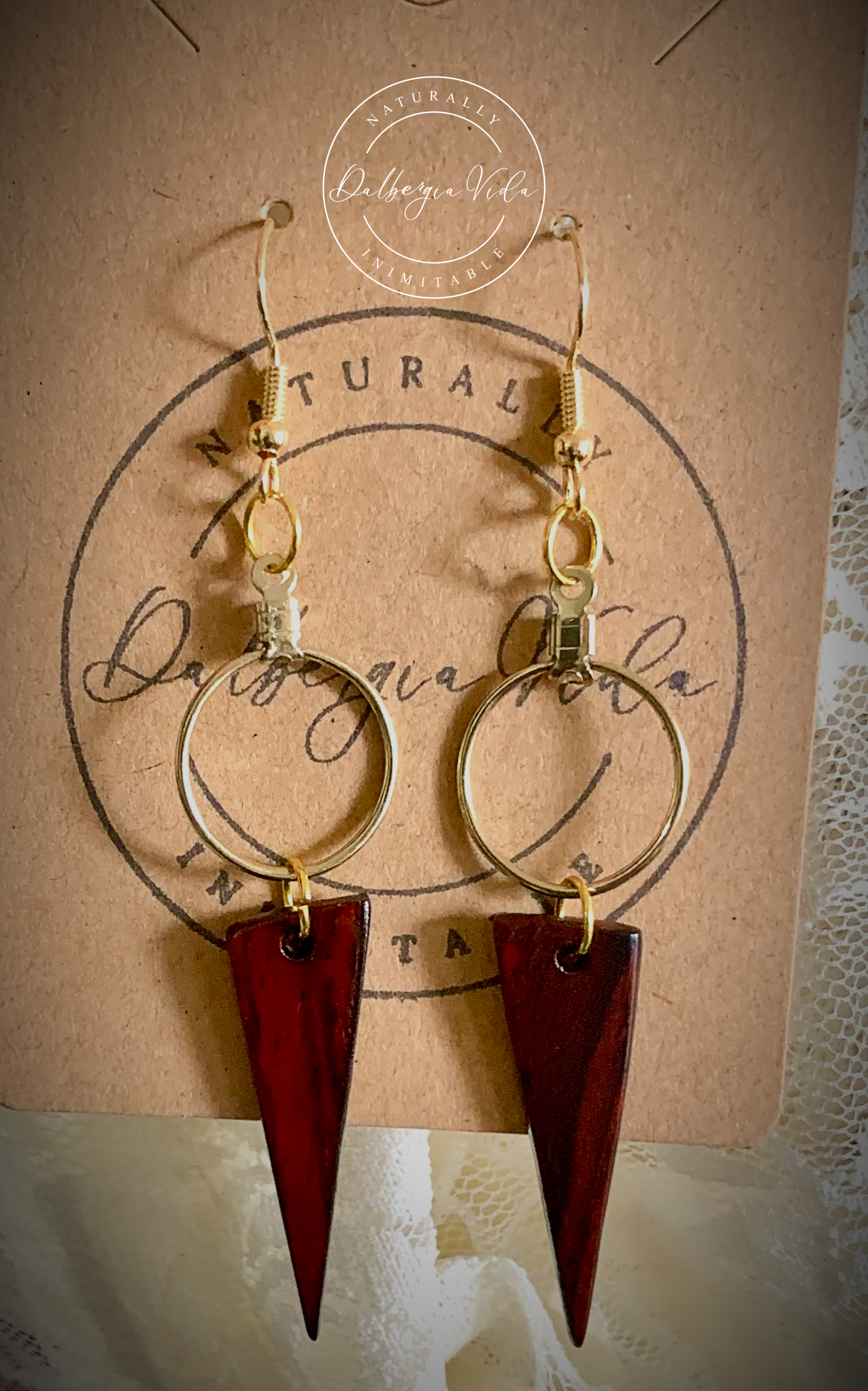Gold Hoop Exotic Wood Spike Earrings