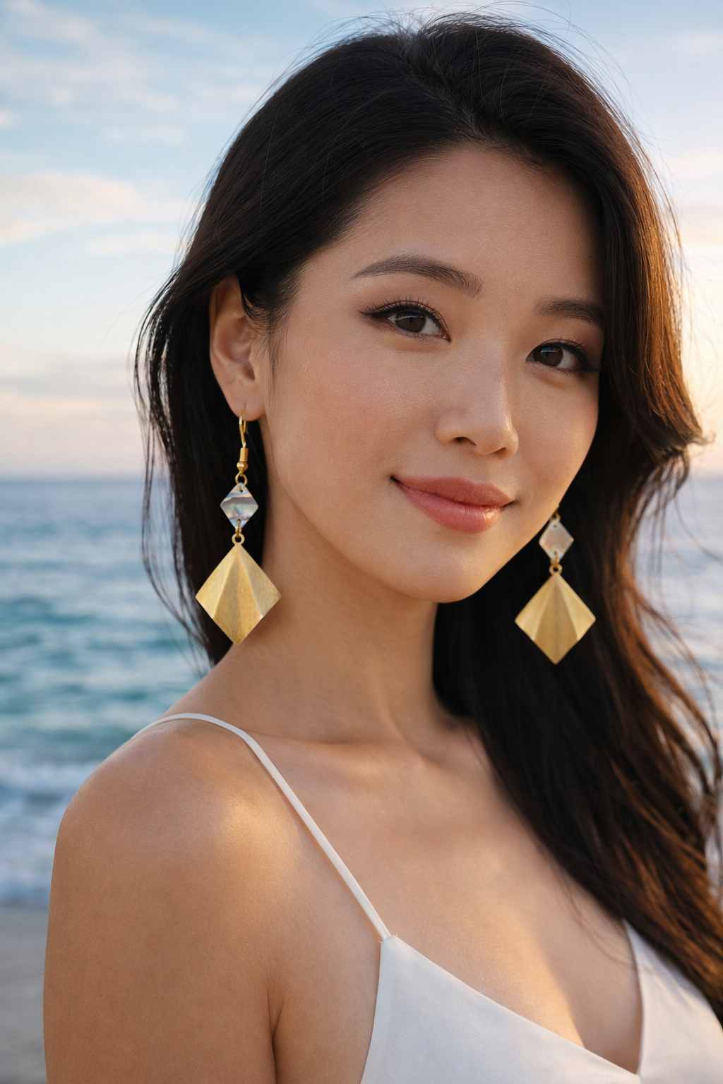 Beautiful Asian Woman wearing gold fan earrings with an abalone pearl accent against an ocean background