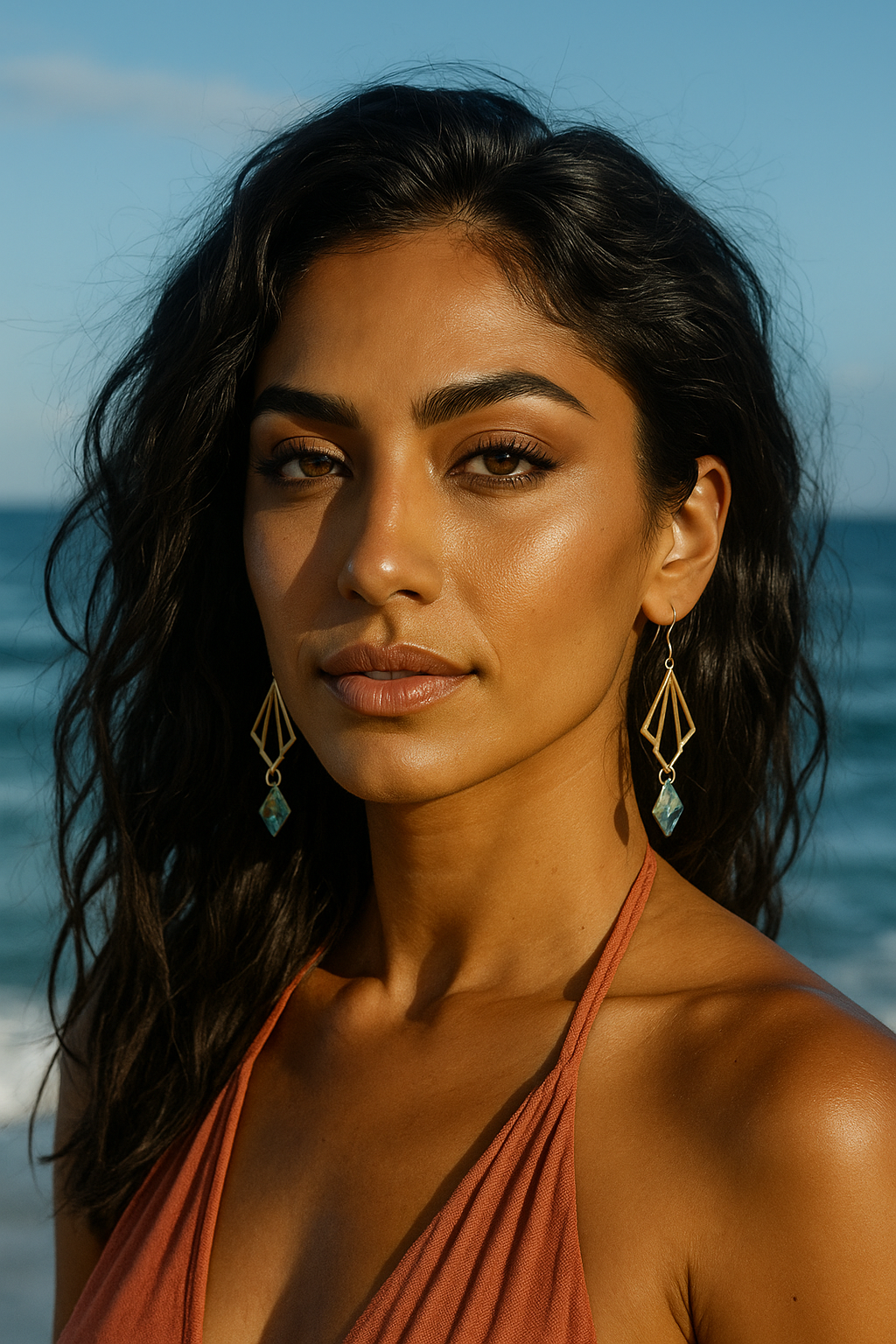 Woman with long dark hair and handmade abalone pearl silver earrings standing in front of a blue sky and ocean.