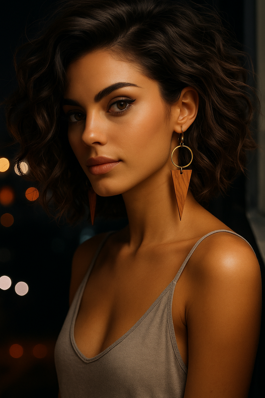 Woman wearing a beige top and guitar wood arrowhead earrings with gold hoops with a blurred background
