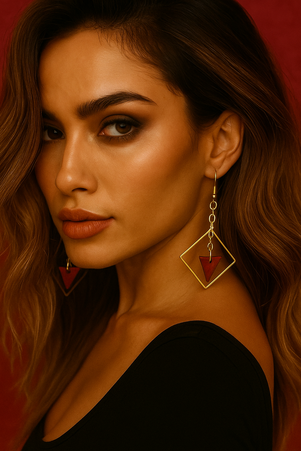 Exotic Woman wearing gold earrings with cocobolo wood spears against a red background