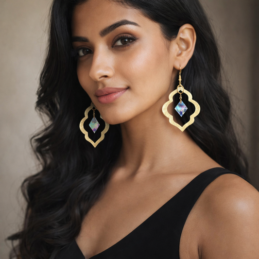 Beautiful Indian Woman wearing gold earrings with abalone pearl diamonds against a neutral background