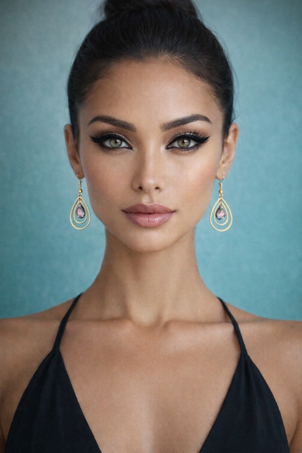 Woman wearing a black halter top with gold earrings against a blue background