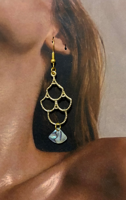 Gold and blue dangling earrings on a person's ear with a neutral background