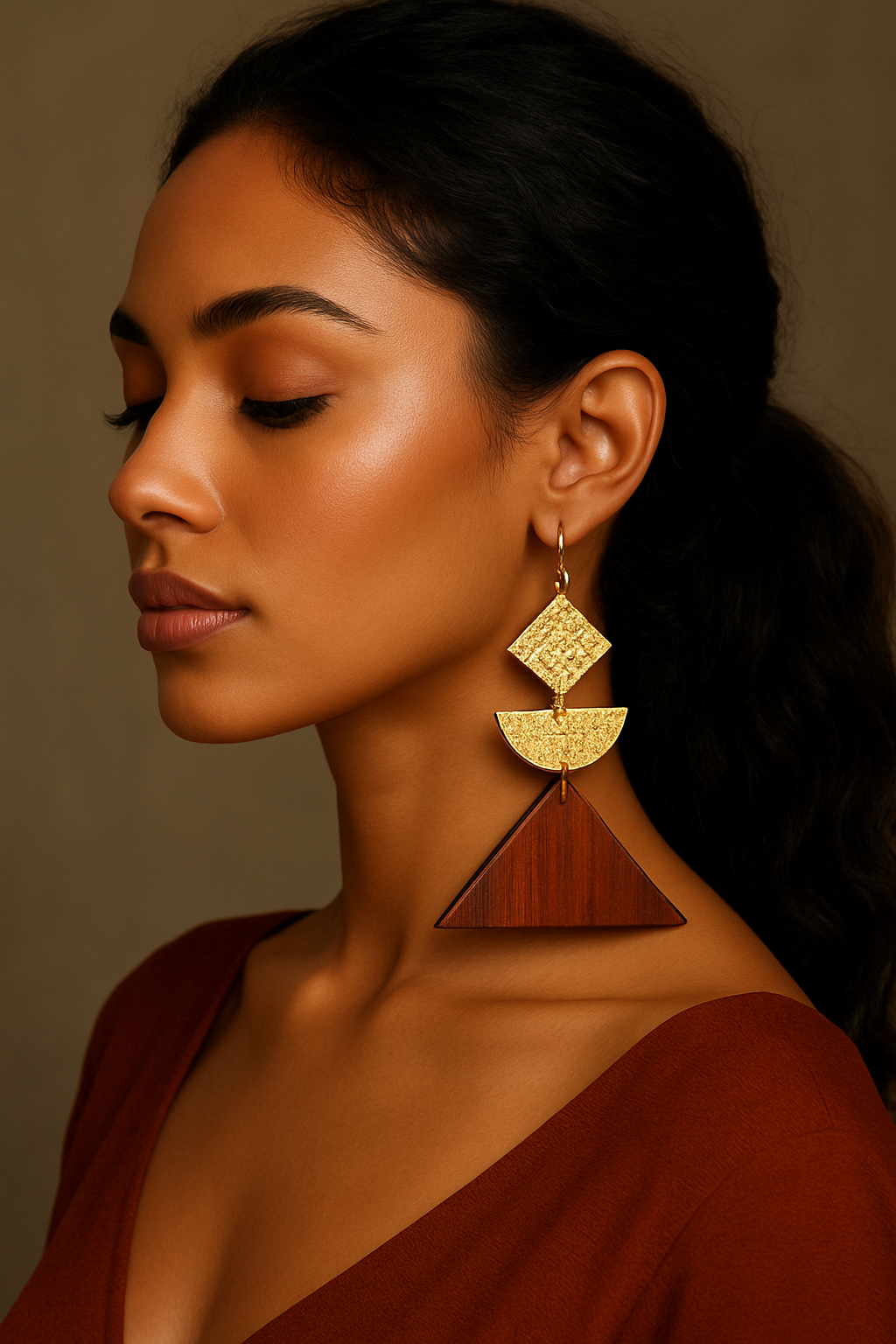 Egyptian Woman wearing hammered gold earrings with Cocobolo Triangle sourced from Martin Guitar Factory.