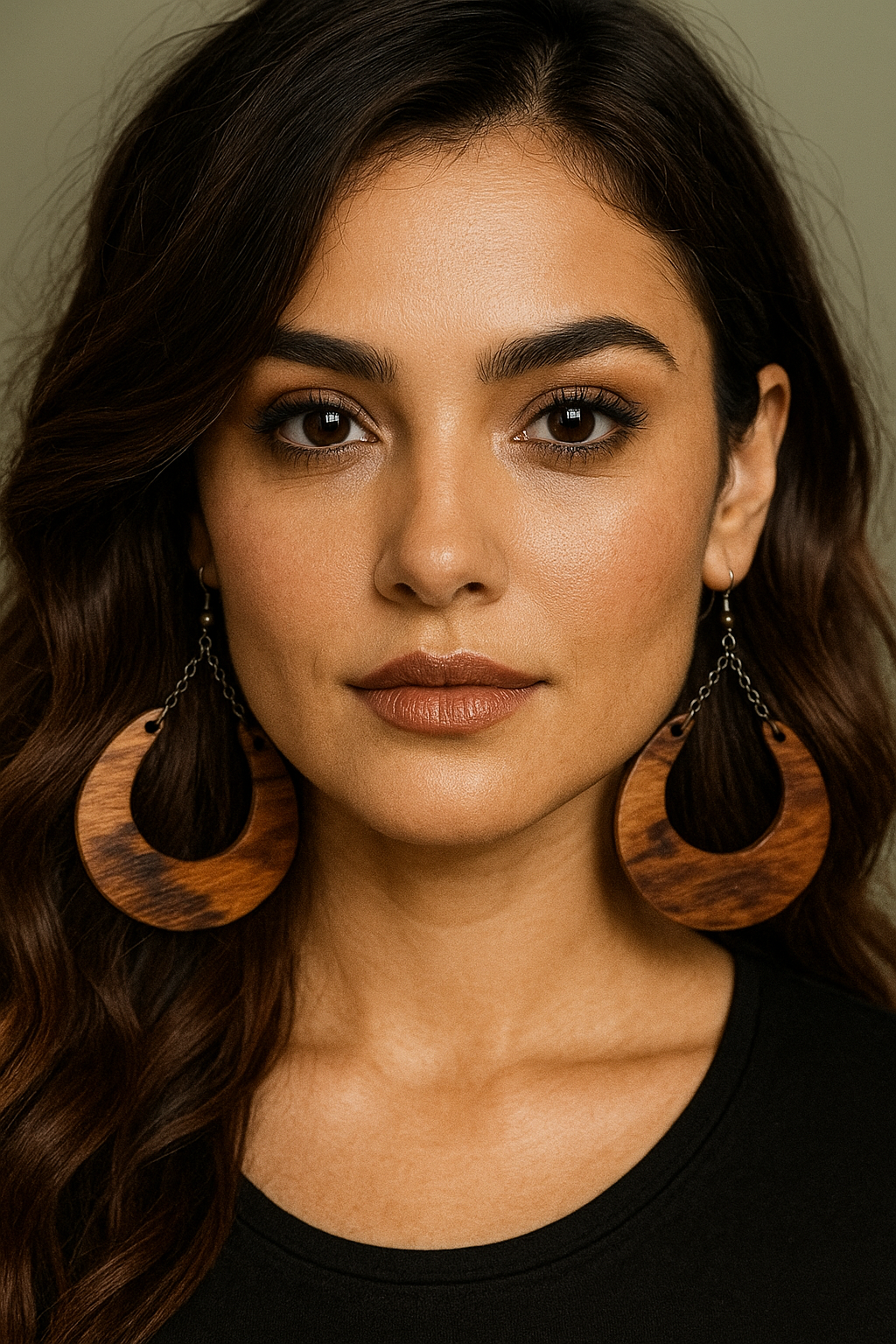 Woman wearing large wooden earrings from Martin Guitar exotic wood with a neutral background