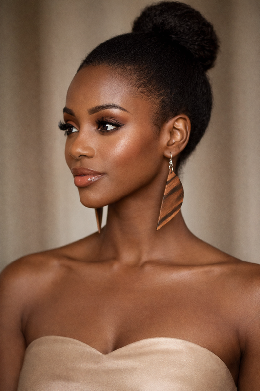 African model wearing Dalbergia Vida's Exotic Feathers Earrings from exotic Martin Guitar wood.