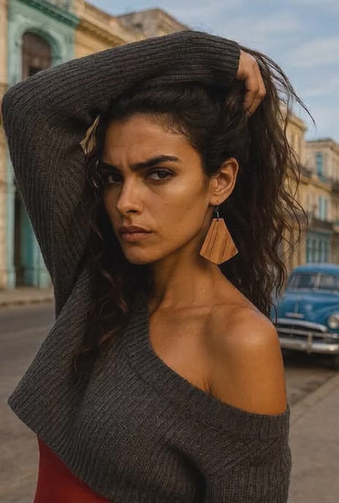 Cuban woman in street wearing Wild grain Rosewood Earrings.