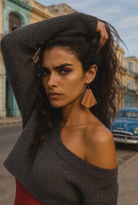 Cuban woman in street wearing Wild grain Rosewood Earrings.